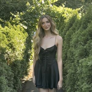 Little Black Lace-Up Satin Dress